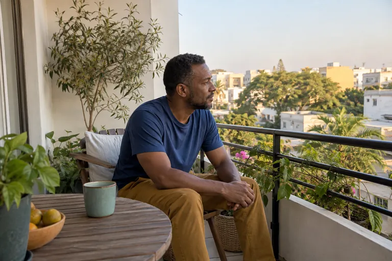 Un homme est assis sur un balcon avec une tasse posée à côté de lui.
