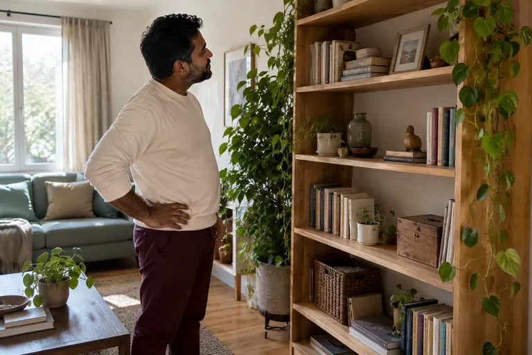 Un homme regarde une bibliothèque rangée, une main posée sur la hanche.