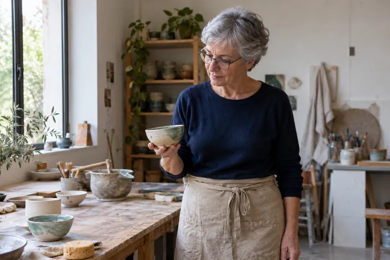 Une femme en tablier observe un bol en céramique qu’elle tient dans une main.