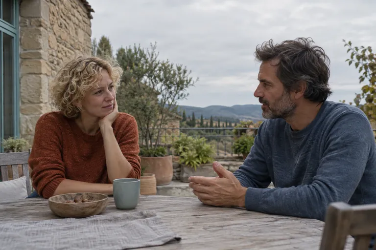 Deux adultes discutent à une table de terrasse.