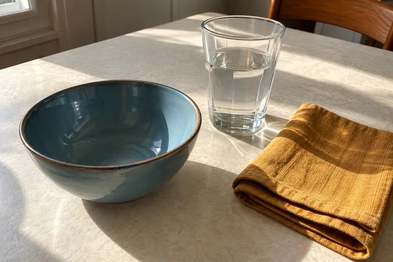 Un bol, un verre d’eau et une serviette sont disposés sur une table.