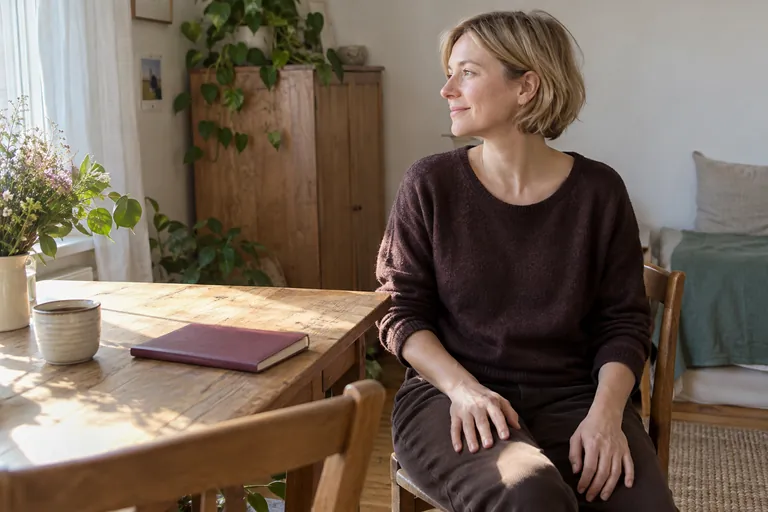 Une femme est assise près d’une table avec une tasse et un carnet fermé.