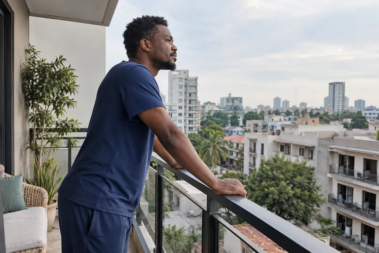 Un homme regarde la ville depuis un balcon.