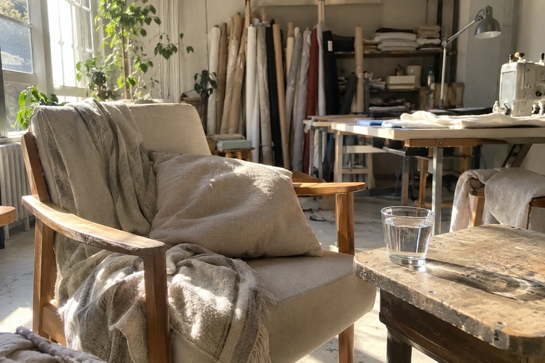 Un fauteuil et un verre d’eau sont installés près d’une fenêtre dans un atelier de couture