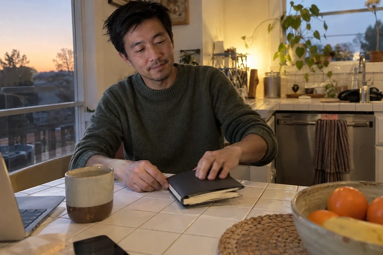 Un homme ferme un carnet de travail sur une table de cuisine