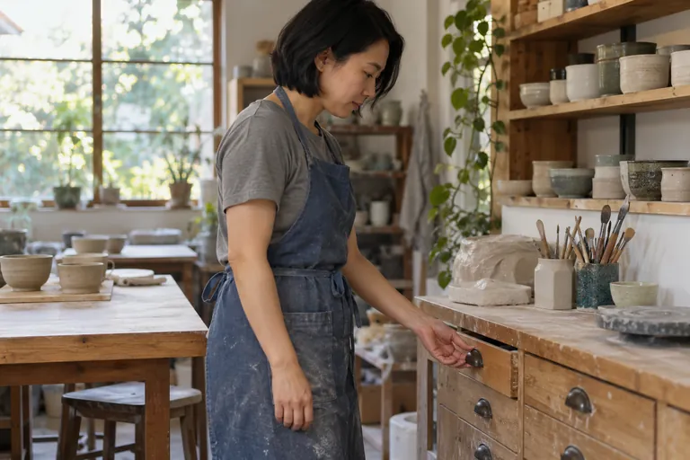 Une femme en tablier tient la poignée d’un tiroir dans un atelier de poterie.