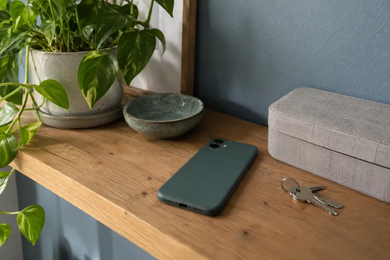Un téléphone retourné, des clés, une boîte fermée et une coupelle reposent sur une étagère.