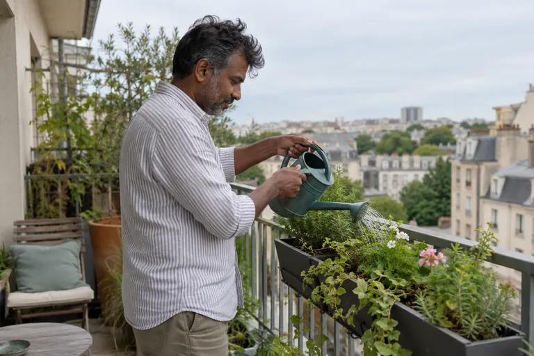 Un homme arrose des jardinières sur un balcon.