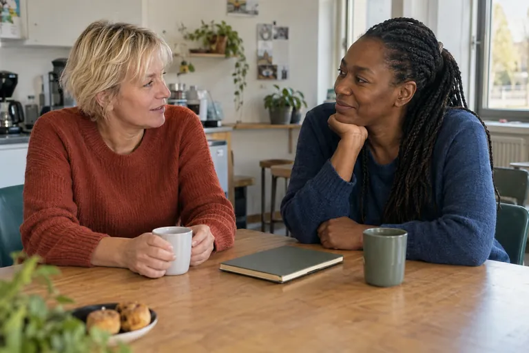 Deux femmes discutent à une table avec deux tasses et un carnet fermé.