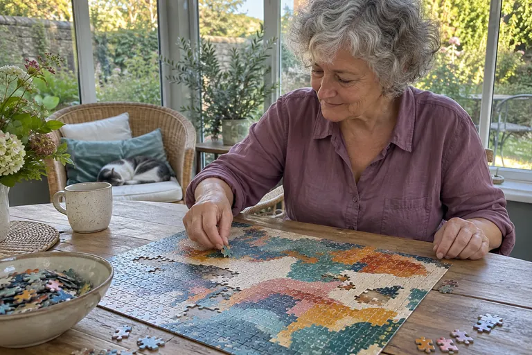 Une femme assemble un puzzle sur une table dans une véranda.