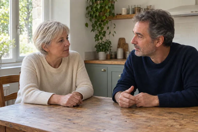 Un homme et une femme discutent à une table de cuisine.