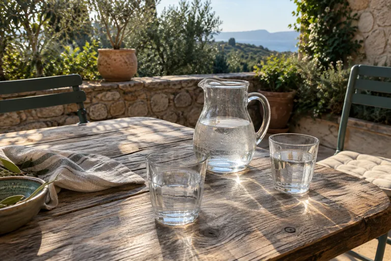 Une carafe et deux verres d’eau sont posés sur une table de terrasse.