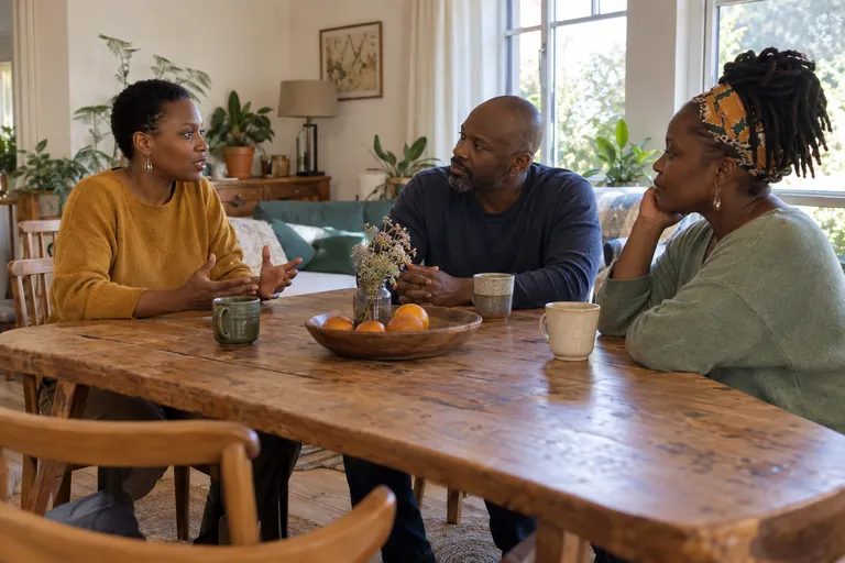 Trois adultes discutent autour d’une table dans un salon.