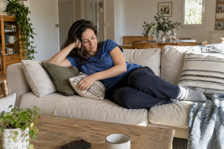 Une femme est installée sur un canapé en journée