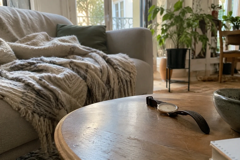 Une montre est posée sur une table basse près d’un plaid