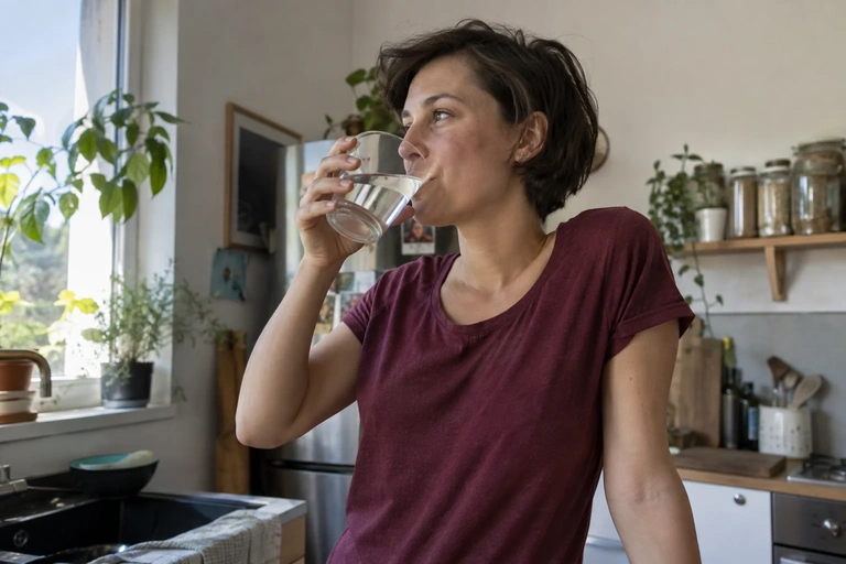 Une femme boit un verre d’eau dans sa cuisine après une pause