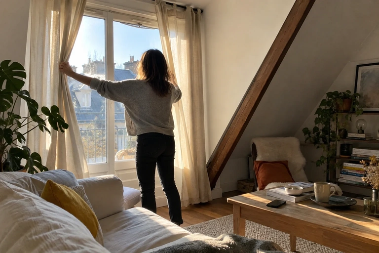 Une personne ouvre les rideaux d’un salon sous les toits