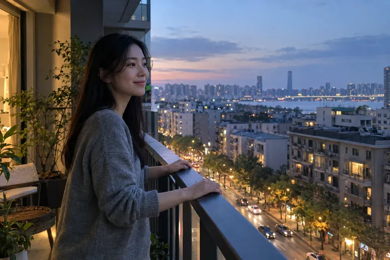 Une femme debout sur un balcon regarde la ville au crépuscule.