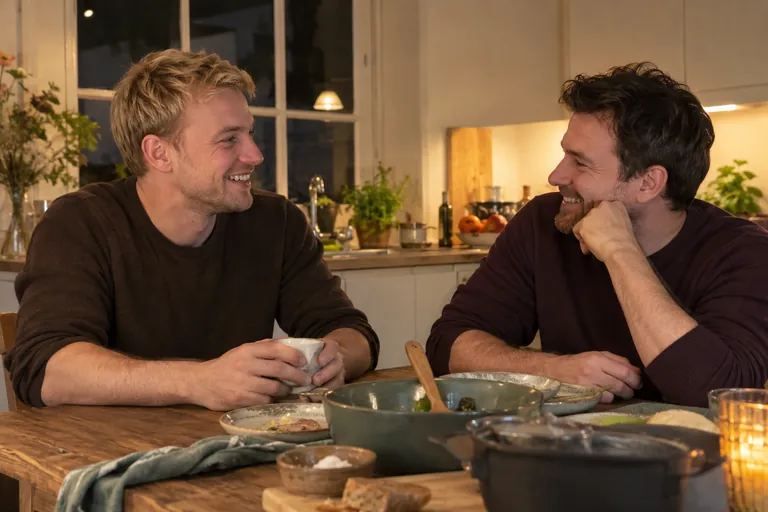 Deux hommes sourient en discutant à une table après un repas.