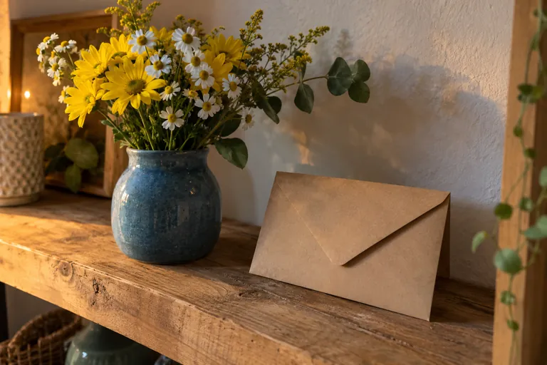 Une enveloppe fermée repose près d’un vase de fleurs jaunes et blanches.