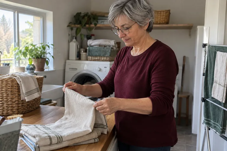 Une femme plie une serviette sur une pile de linge.