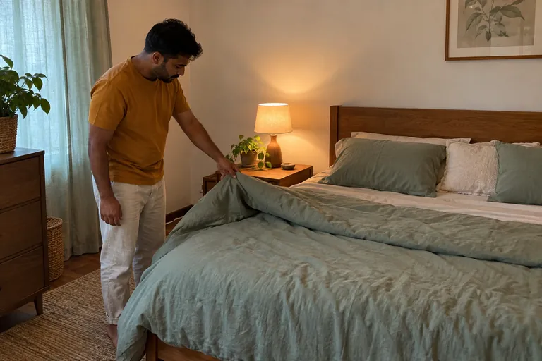 Un homme rabat une couverture au bord d’un lit.