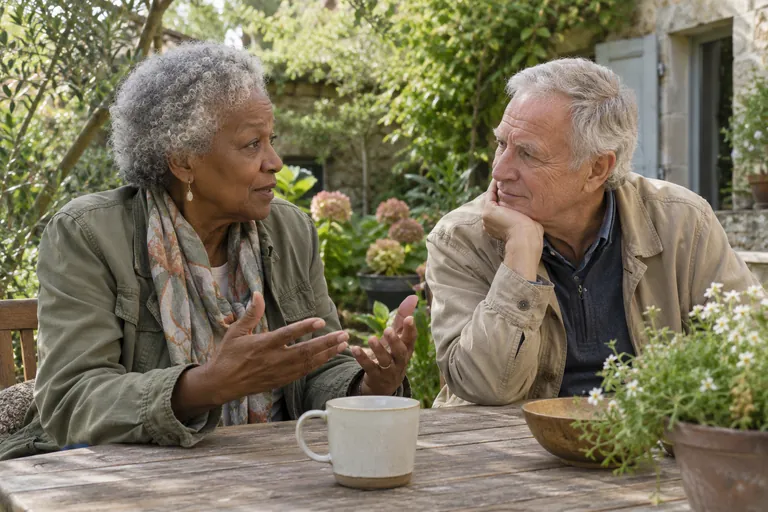 Deux adultes âgés discutent à une table de jardin