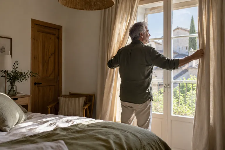 Un homme aux cheveux gris ouvre les rideaux d’une chambre