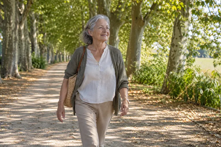 Une femme aux cheveux gris marche sur un chemin bordé d’arbres