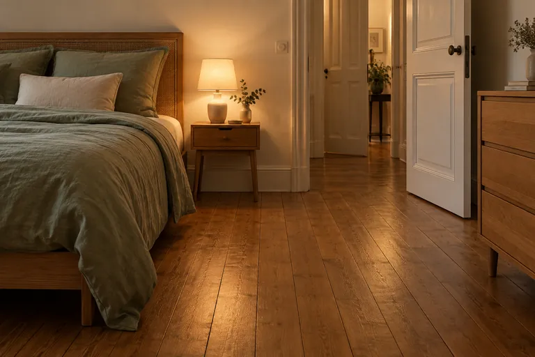 Un passage dégagé et éclairé relie un lit à une porte ouverte