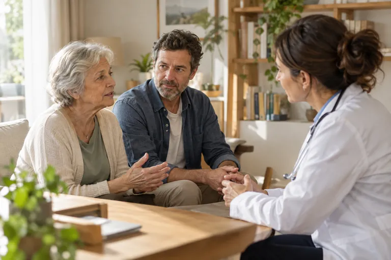 Une femme âgée accompagnée d’un homme échange avec une médecin