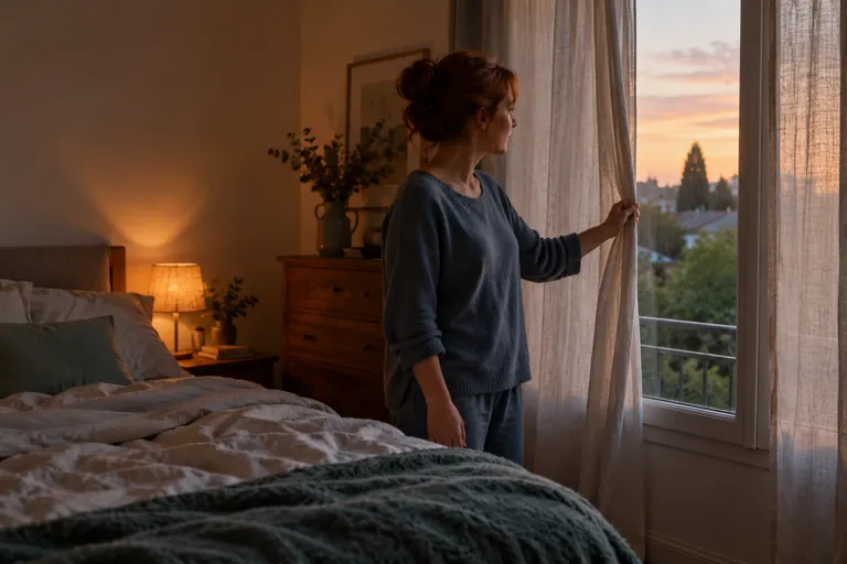 Une femme tient un rideau près de la fenêtre de sa chambre au crépuscule.