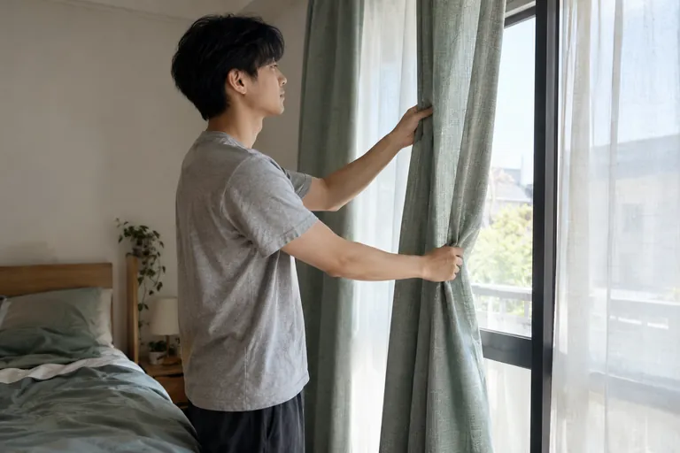 Un homme ajuste les rideaux d’une fenêtre dans une chambre.