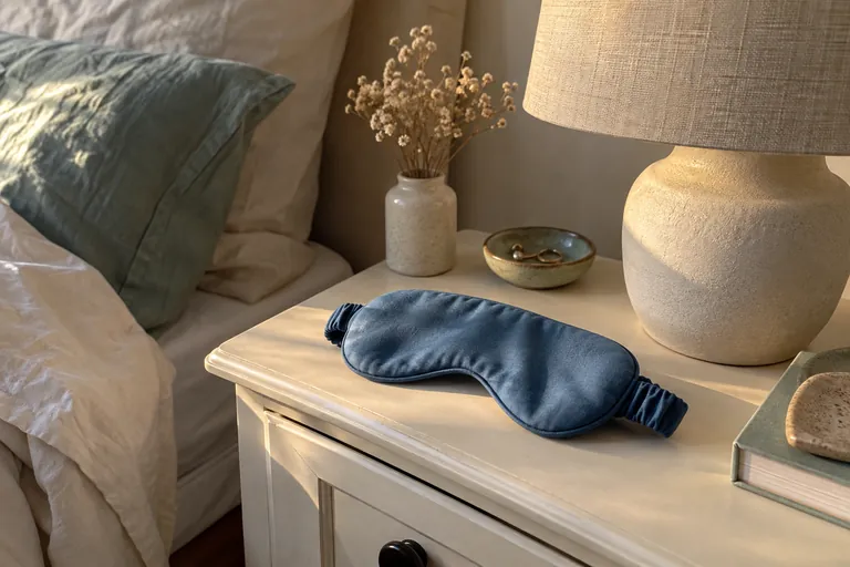 Un masque de sommeil bleu repose sur une table de chevet.