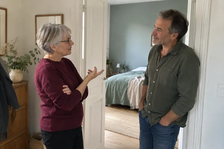Une femme et un homme discutent à l’entrée d’une chambre.