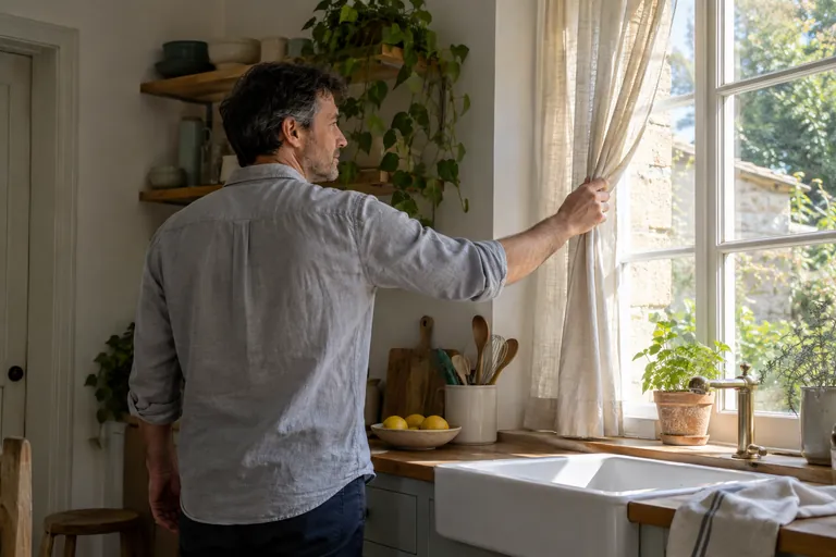 Un homme écarte un rideau devant une fenêtre de cuisine.