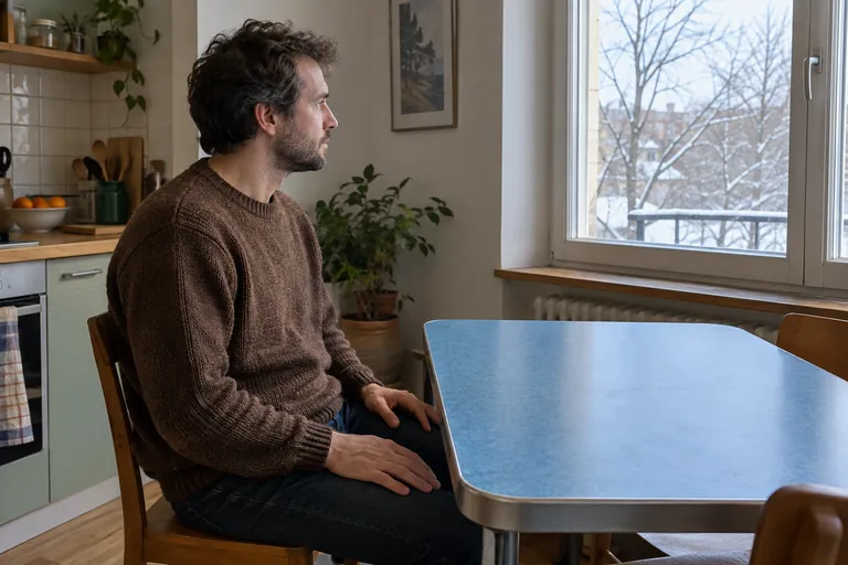 Un homme assis à une table regarde par une fenêtre donnant sur des arbres enneigés.