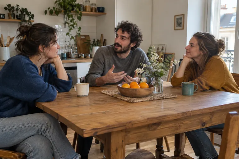 Trois adultes discutent autour d’une table de cuisine.