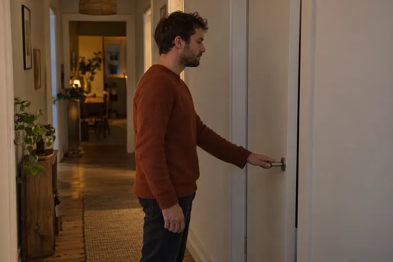 Un homme tient la poignée d’une porte dans un couloir éclairé le soir.