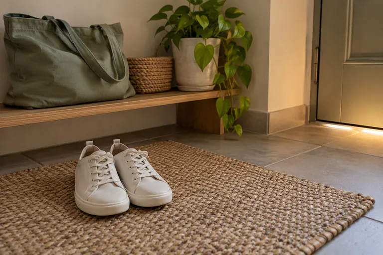 Des chaussures sont posées sur un tapis d’entrée, un sac reposant sur le banc voisin.