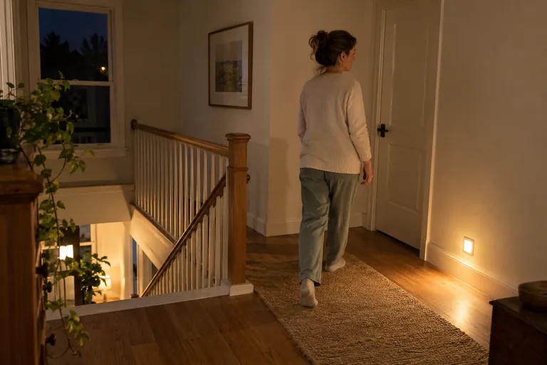 Une femme en chaussettes marche dans un couloir faiblement éclairé.