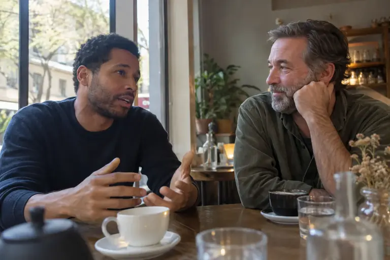 Deux amis adultes échangent calmement à une table de café