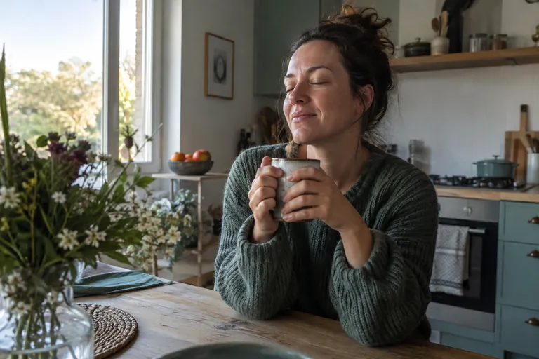Une femme assise à la table de la cuisine, les mains autour d’une tasse chaude, respire lentement