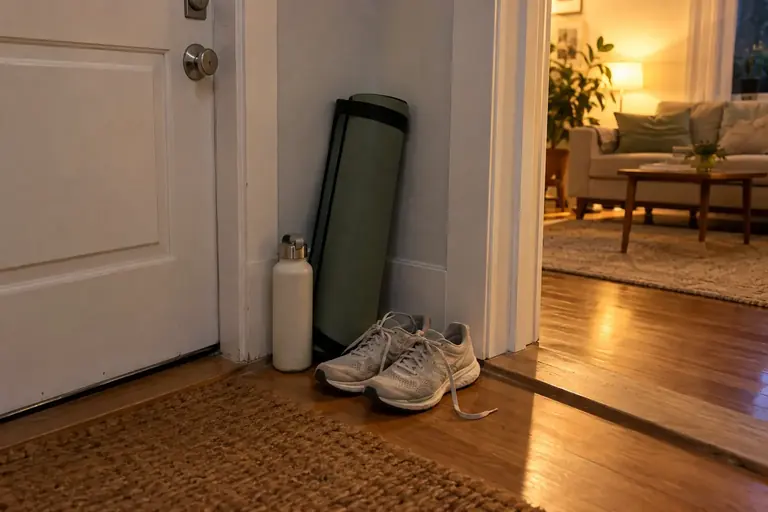 Des chaussures de sport, un tapis replié et une gourde rangés près d’une porte d’appartement