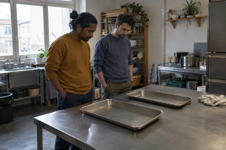 Deux hommes regardent des plateaux posés sur un plan de travail dans une cuisine collective.