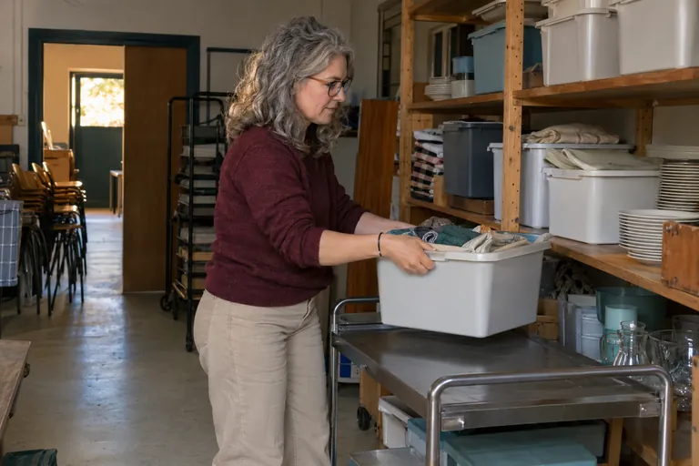 Une femme déplace un bac de linge près d’une étagère.