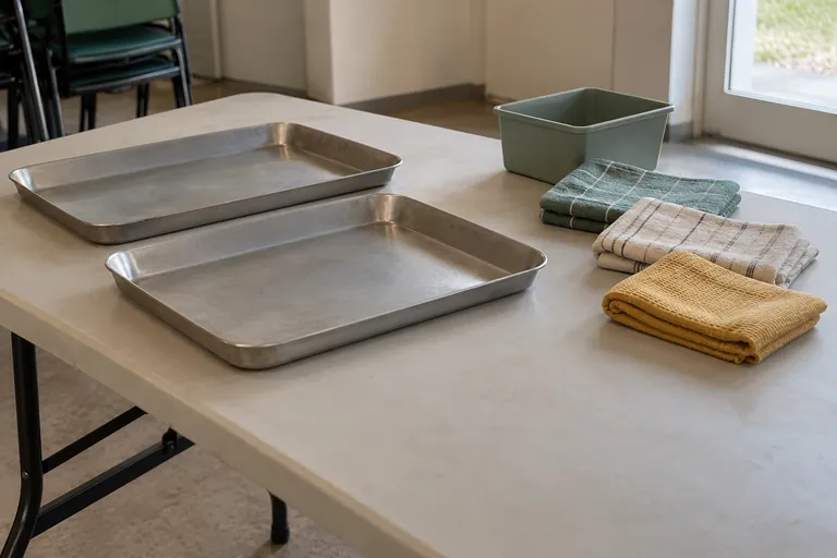Des plateaux, un petit bac et des torchons sont disposés sur une table.