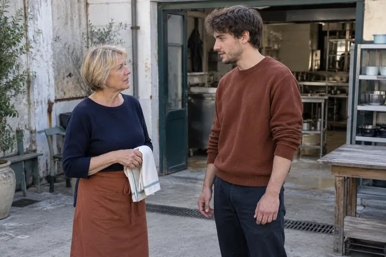 Une femme et un homme discutent devant l’entrée d’une cuisine collective.