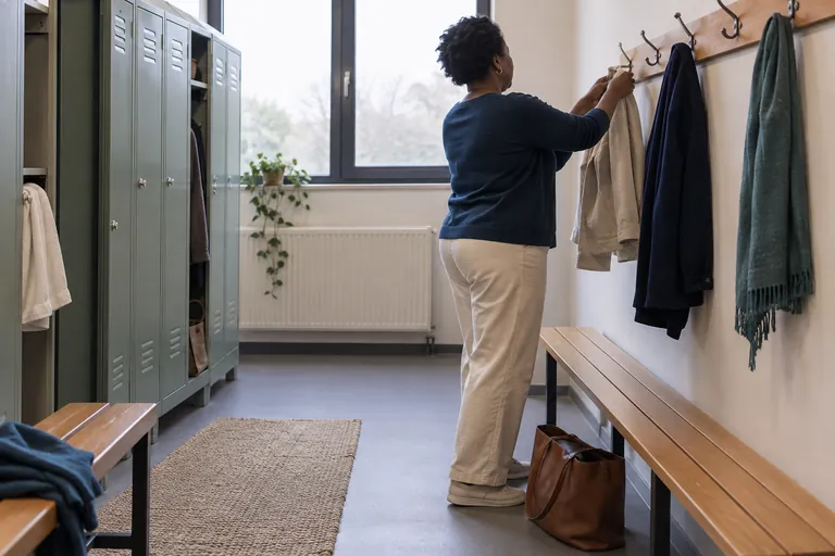 Une femme accroche une veste dans un vestiaire.