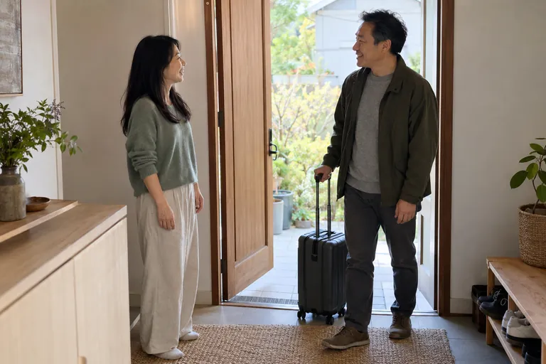 Une femme accueille à sa porte un homme tenant une valise à roulettes.